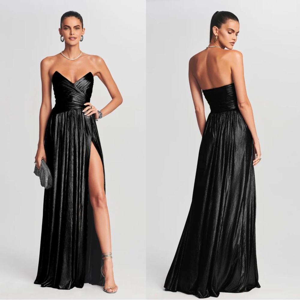 Retrofete Waldorf Lame Strapless Metallic Ruched Pleated Black Maxi Dress Small